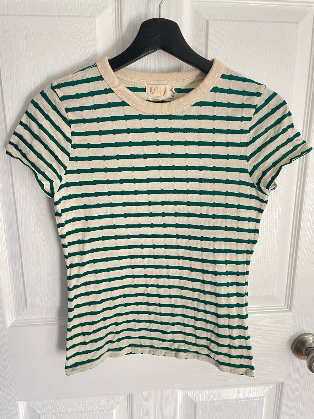 Nation LTD Cotton Striped Crewneck Tee - Green/Cream Small